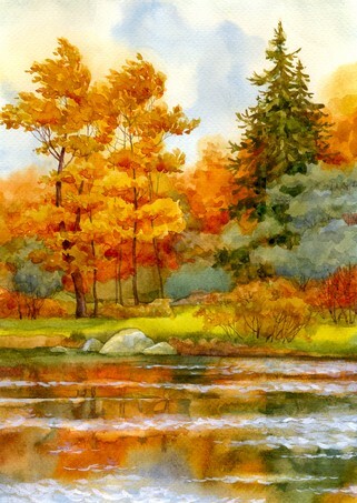 Watercolor landscape - Autumn forest on the lake